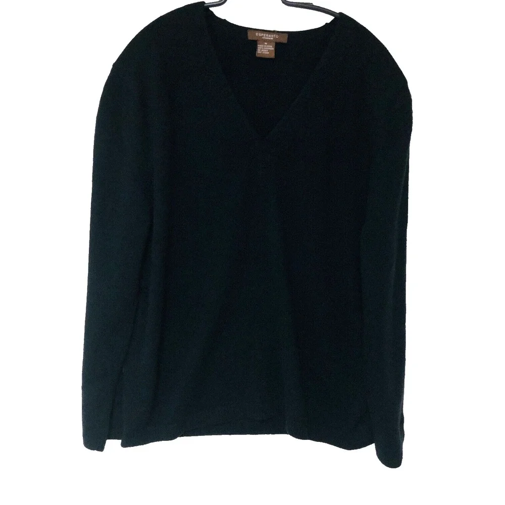 Esperanto Womens Black V-Neck Cashmere Sweater 3/4 Sleeves Casual Whimsigoth M